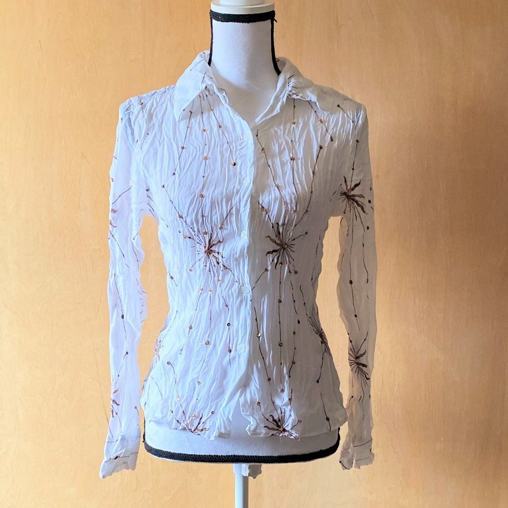 NWT Sz L Cantata White/Bronze Button Down Blouse